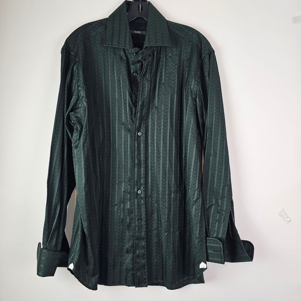 Zanella Mens Black Textured Jacquard Button Down Shirt Italy 16R French Cuff